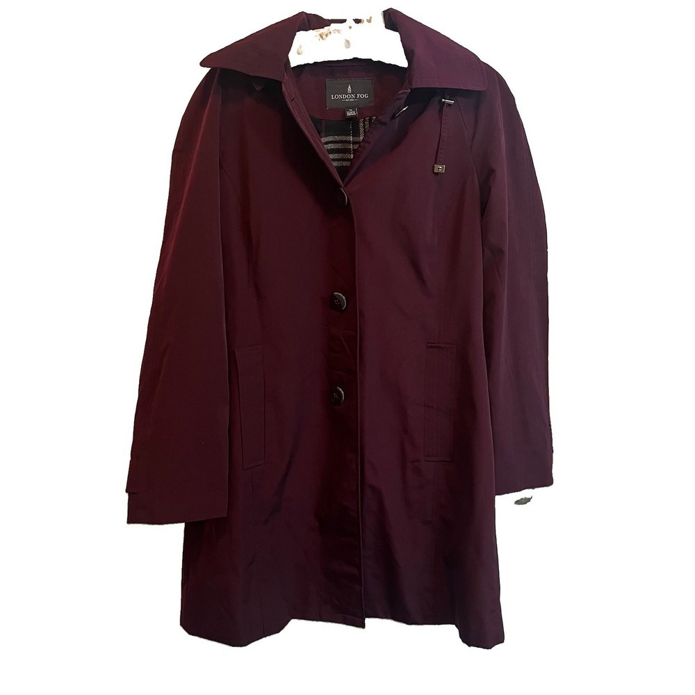 London Fog Women's Coat Burgundy Medium Hooded Plaid Flannel Lining Button